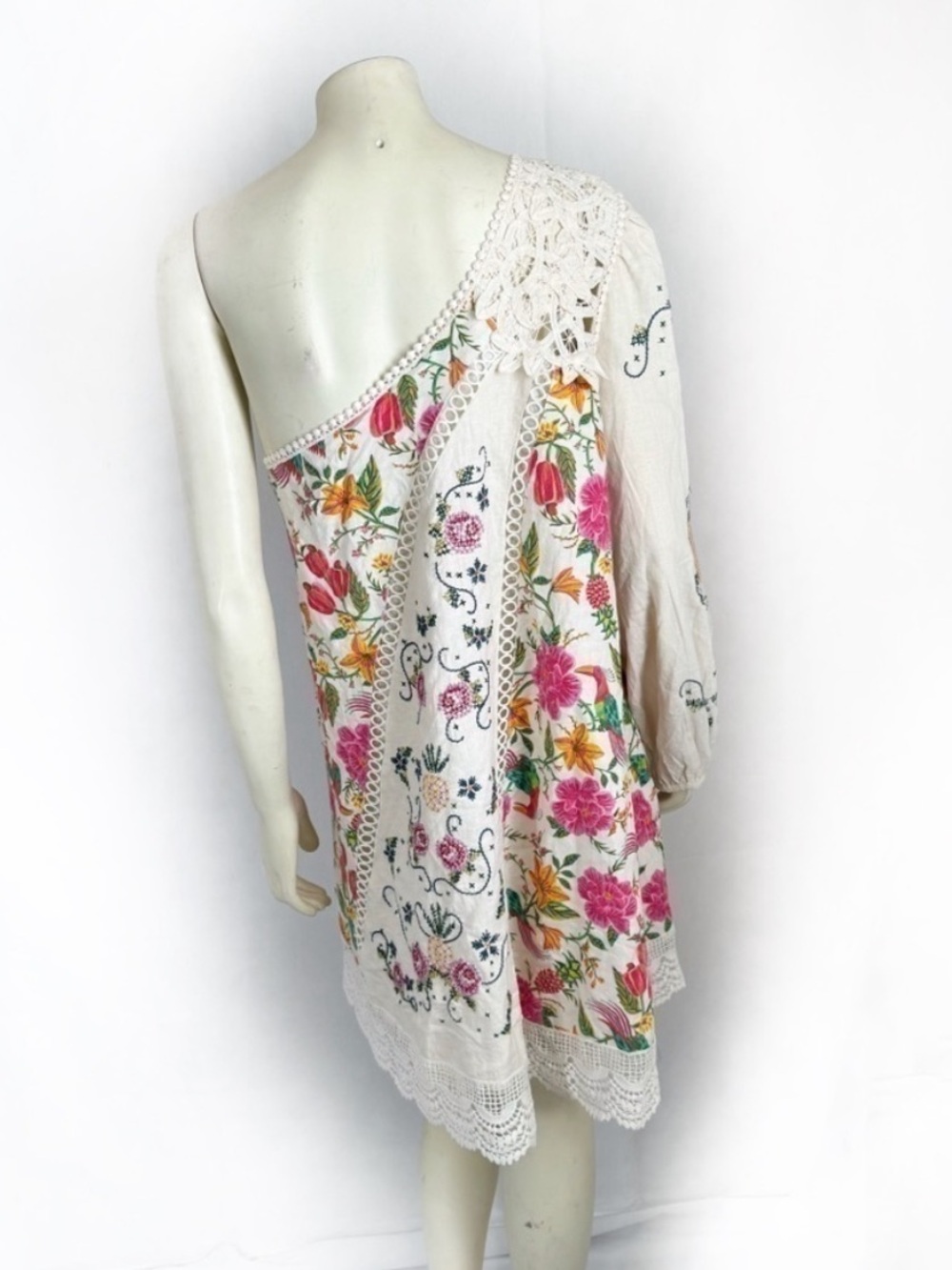 FARM Rio One-Shoulder Cream Floral Mini Dress with Pink & Green Accents - Picture 10 of 15